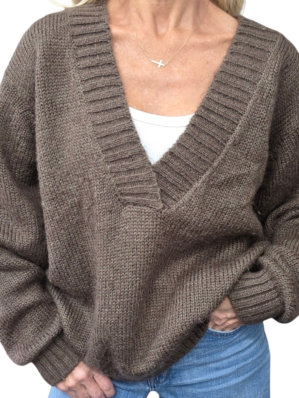 Vintage 80s Le Moda Wool Mohair Brown Oversized V Neck Sweater L